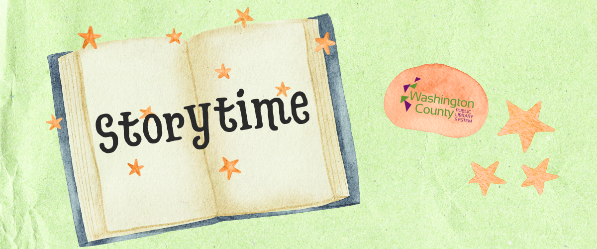 Image of an open book with text "Storytime" and the library logo