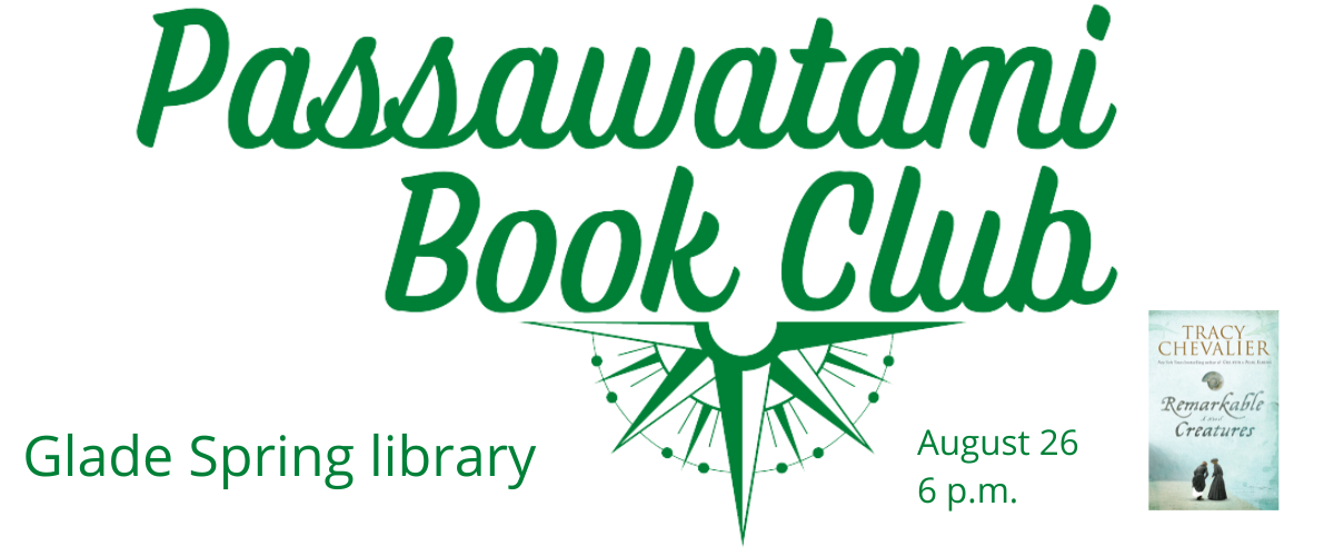 Passawatami Book Club Glade Spring library August 26 at 6 p.m. Image of book Remarkable Creatures by Tracy Chevalier