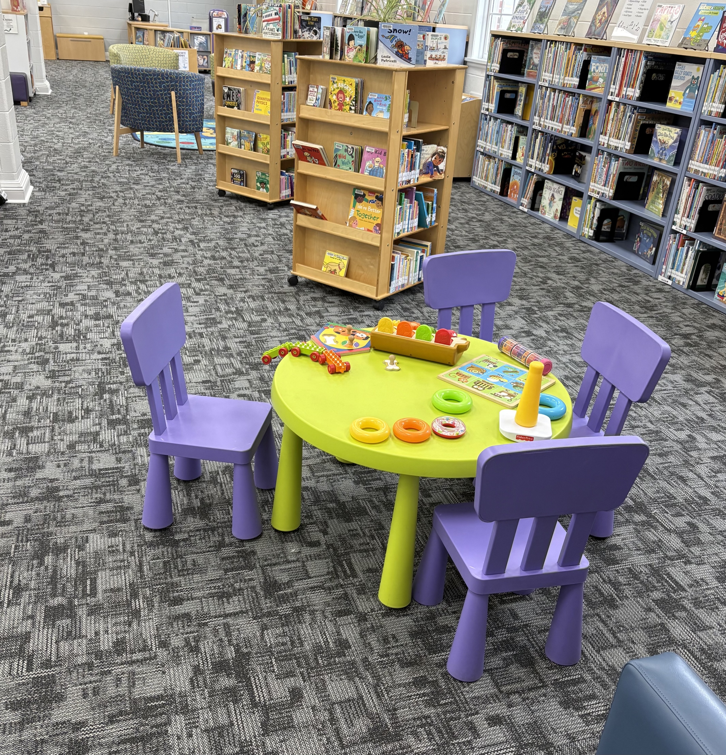 A small table with toys for children at the Abingdon Library.