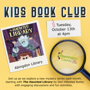 cover of The Haunted Library and a magnifying glass