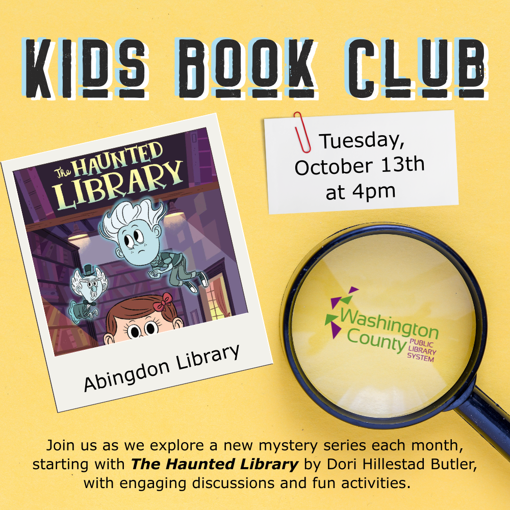 cover of The Haunted Library and a magnifying glass